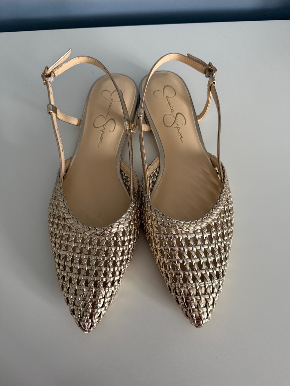 Jessica Simpson Metallic Gold Woven Pointed Slingback Flats